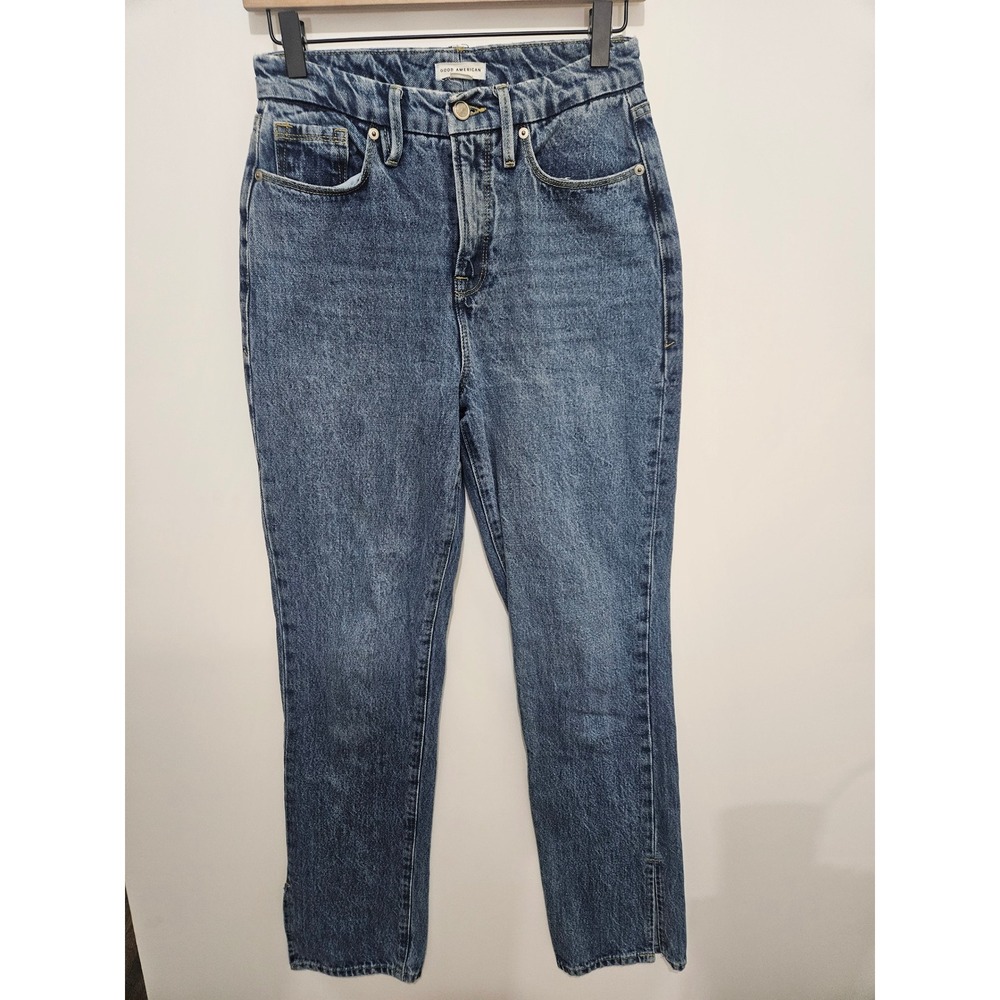 Good American High Rise Straight Leg Blue Jeans Side Slit Hem Size 0/25